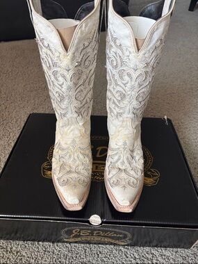J.B. Dillon Off White Embroidered Sparkle Western Cowgirl Boots Reserve 7